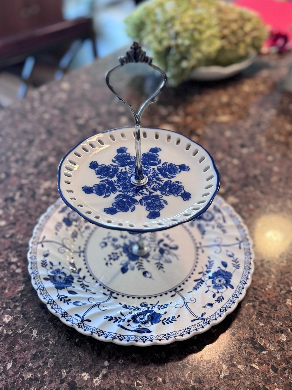 Vintage Blue and White Two-Tier Porcelain Serving Stand